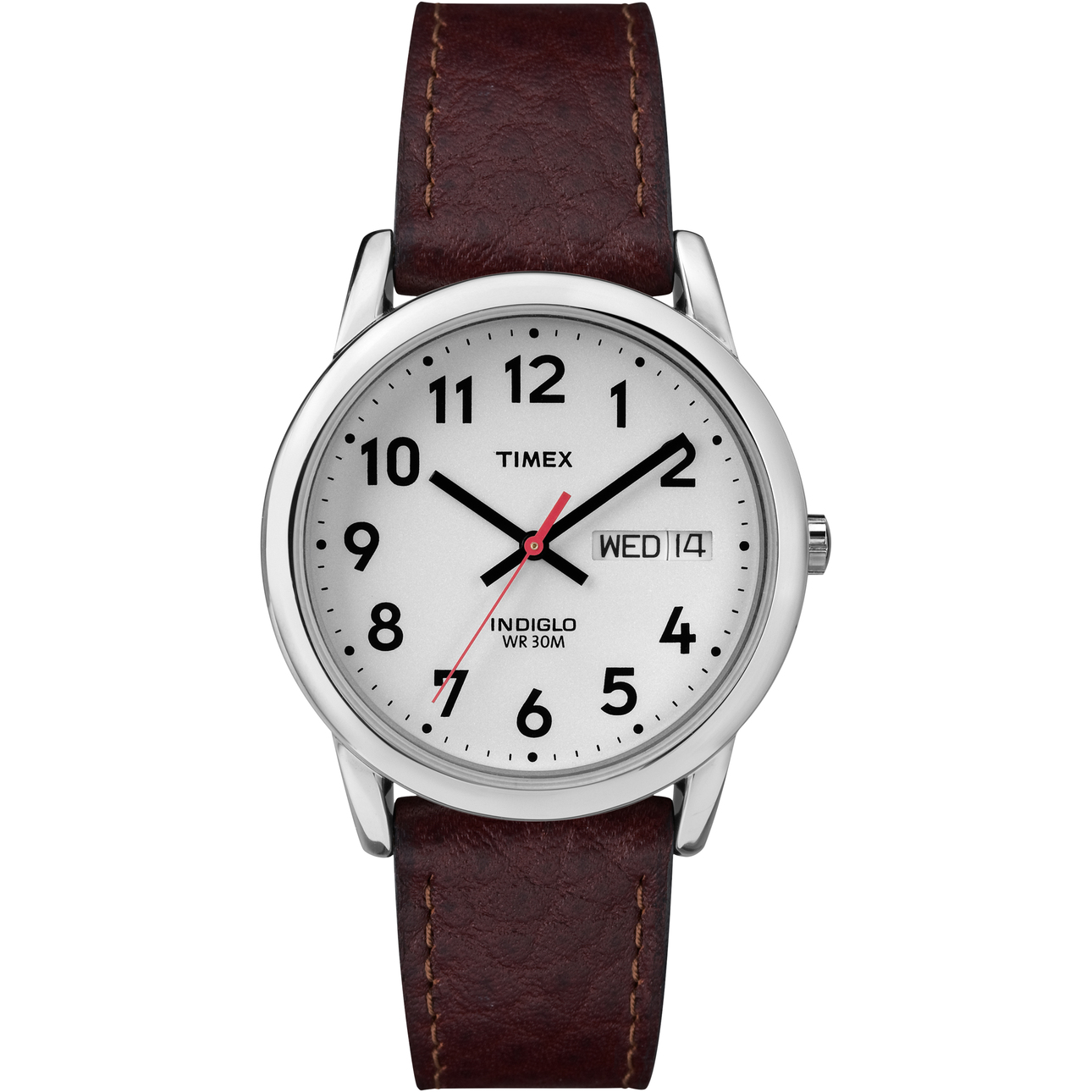 Timex Men's Easy Reader 35mm Day-Date Watch – Silver-Tone Case White Dial with Dark Brown Leather Strap - image 1 of 6