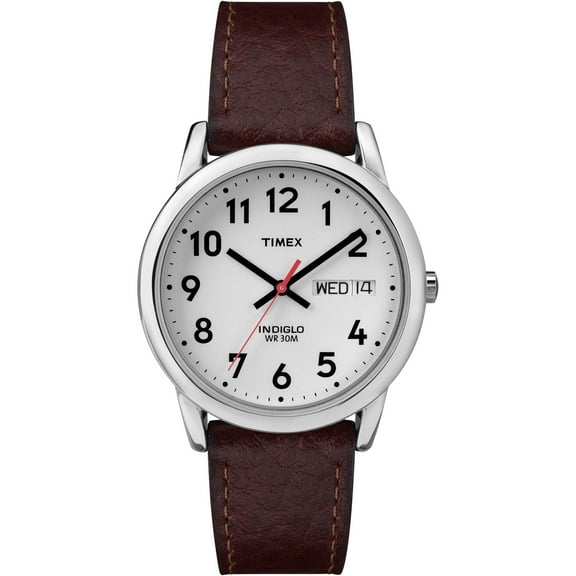 Timex Men's Easy Reader 35mm Day-Date Watch Silver-Tone Case White Dial with Dark Brown Leather Strap