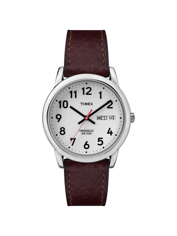 Men's Easy Reader 35mm Day-Date Watch Silver-Tone Case White Dial with Dark Brown Leather Strap