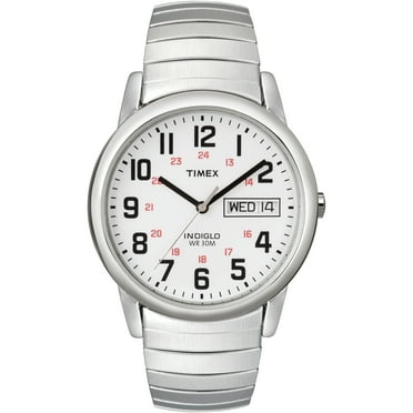 Timex Men's Easy Reader 35mm Day-Date Watch – Silver-Tone Case White Dial with Silver-Tone Expansion Band