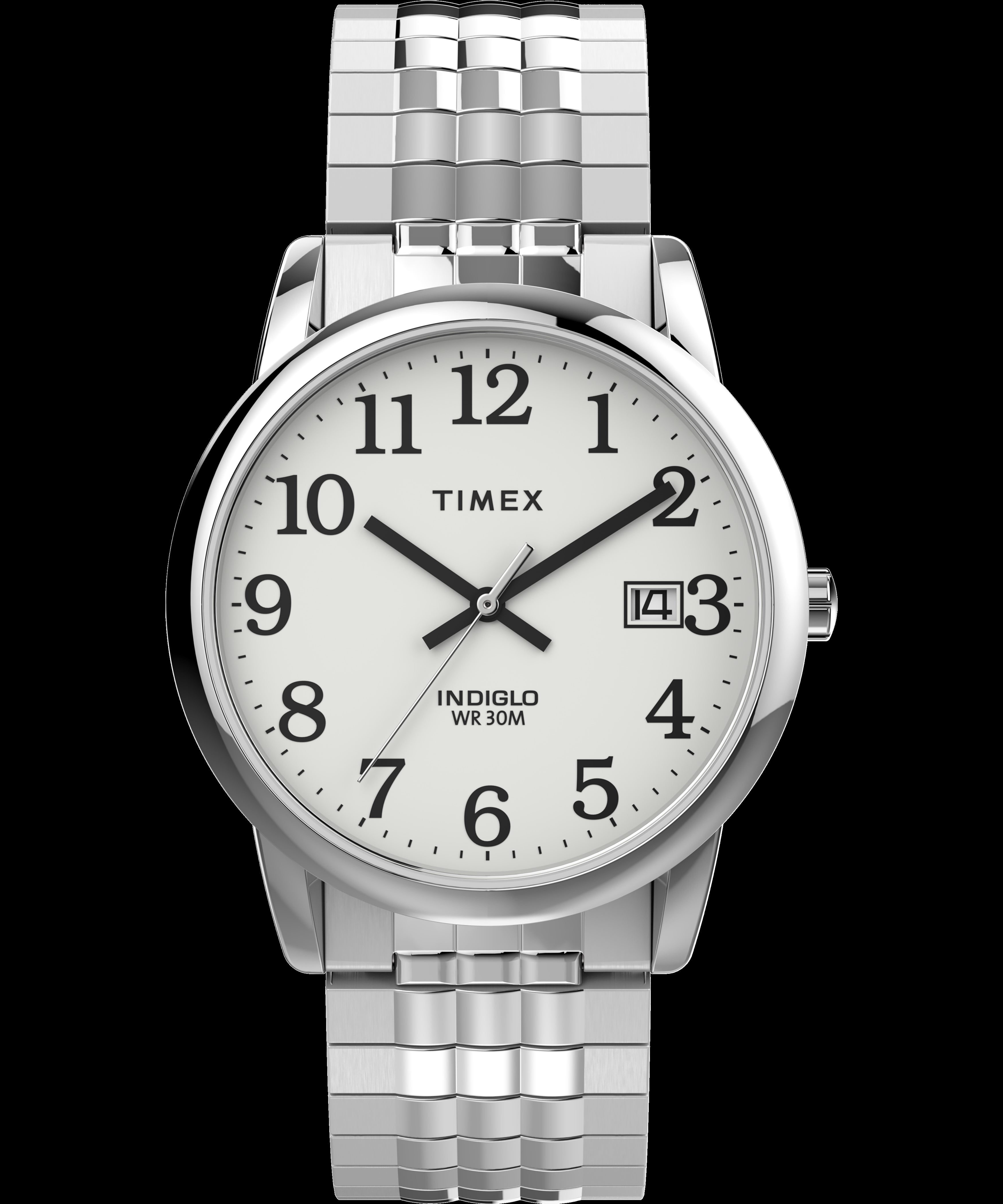 Timex Men's Easy Reader 35mm Perfect Fit Watch – Silver-Tone Case White Dial with Silver-Tone Expansion Band