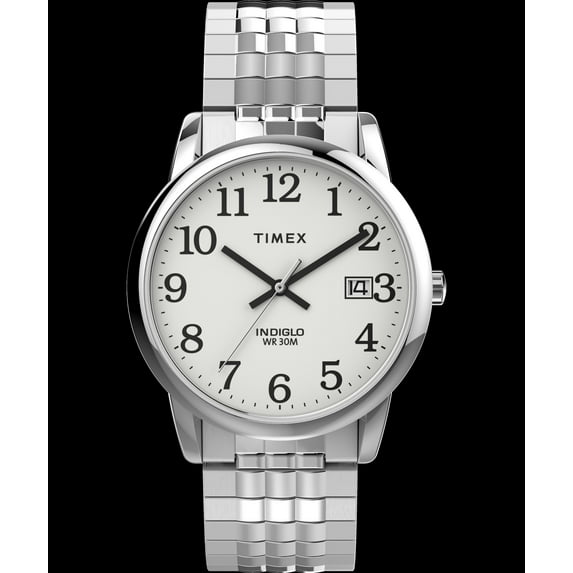 Timex Men's Easy Reader 35mm Perfect Fit Watch – Silver-Tone Case White Dial with Silver-Tone Expansion Band