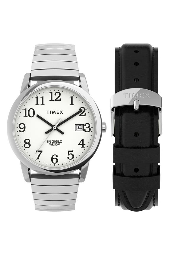 Men's Easy Reader 35mm Watch Box Set Silver-Tone Case White Dial with Tapered Expansion Band + Black Leather Strap