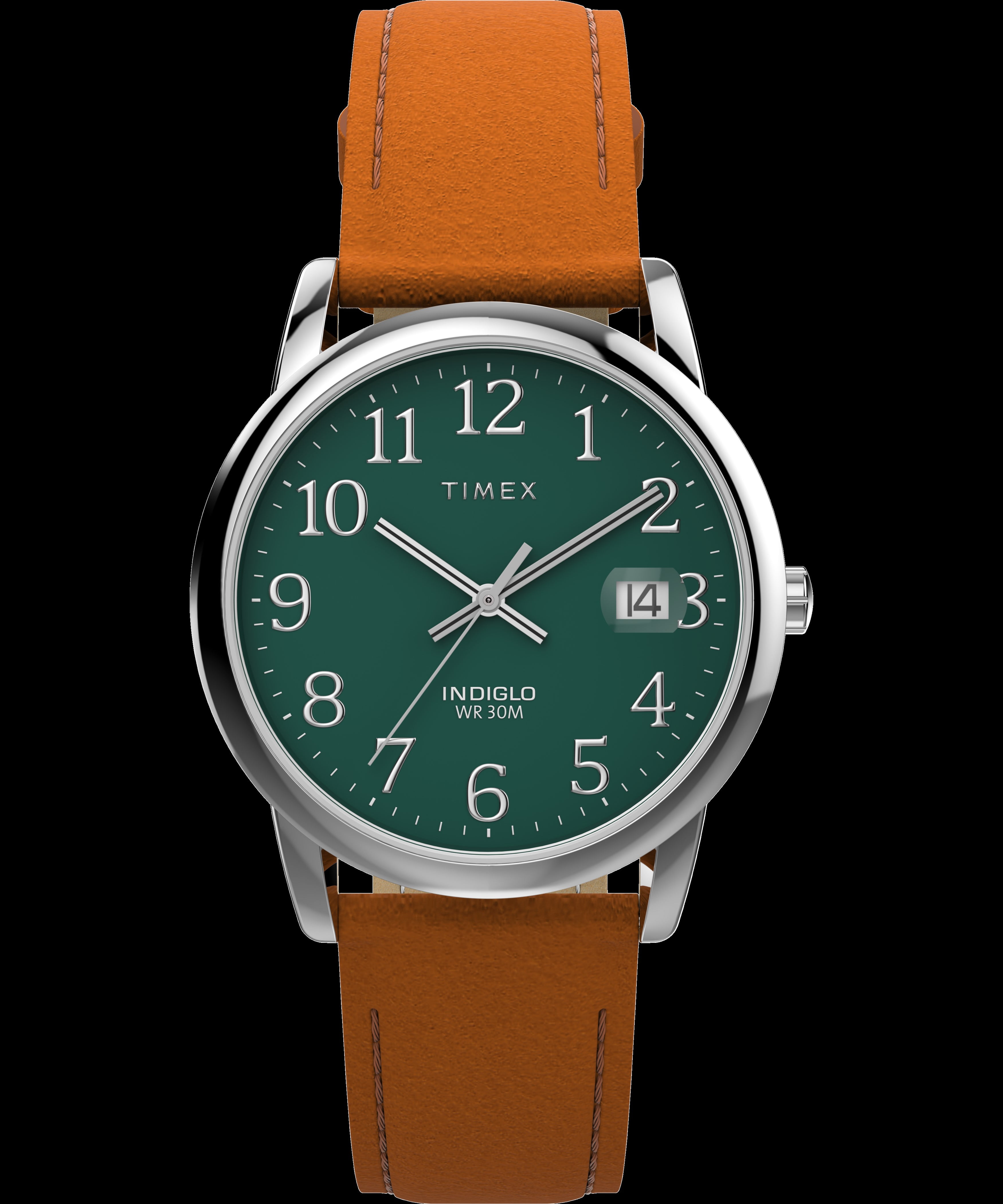 Timex Men's Easy Reader 35mm Watch - Brown Strap Green Dial Silver-Tone Case