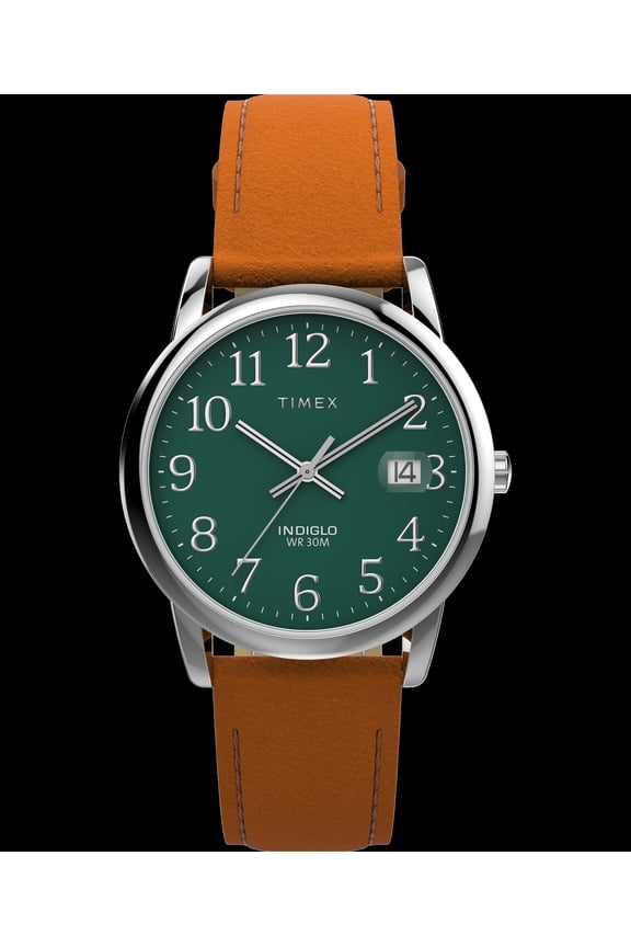 Men's Easy Reader 35mm Watch - Brown Strap Green Dial Silver-Tone Case