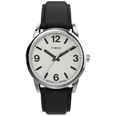 Timex Men's Easy Reader Bold 38mm Watch – Silver-Tone Case White Dial with Black Leather Strap