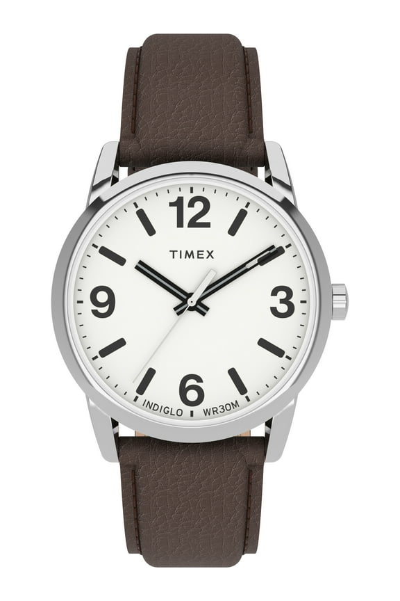 Men's Easy Reader Bold 38mm Watch  Silver-Tone Case White Dial with Brown Leather Strap