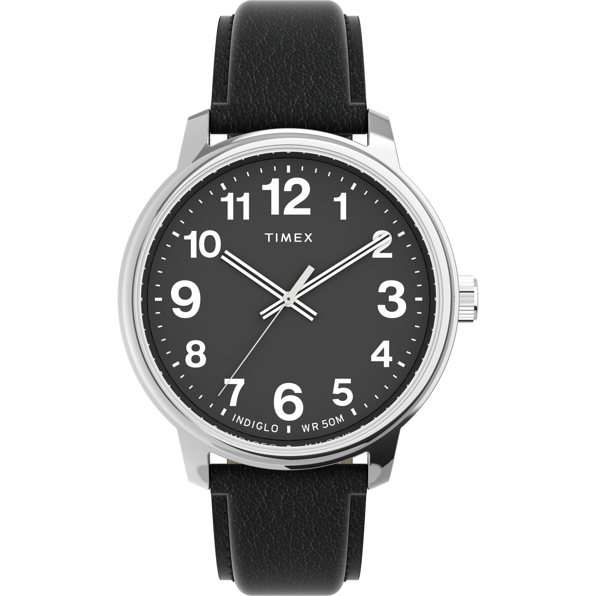 TIMEX Men's Easy Reader Bold 43mm Watch Silver-Tone Case Black Dial with Black Leather Strap