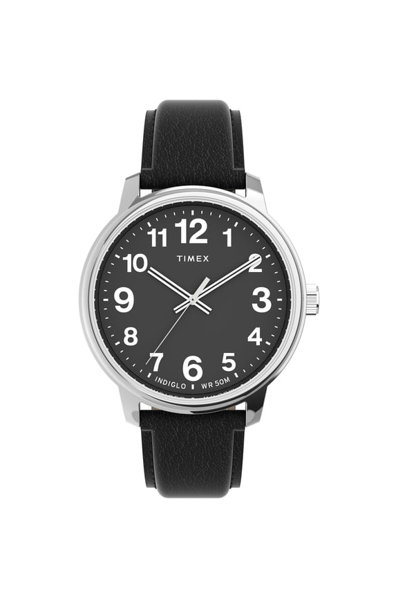 Men's Easy Reader Bold 43mm Watch  Silver-Tone Case Black Dial with Black Leather Strap