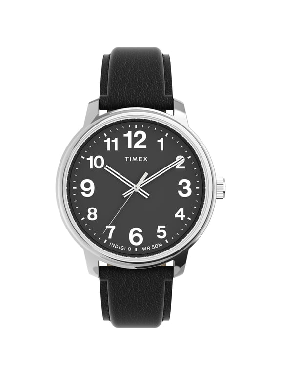 Men's Easy Reader Bold 43mm Watch Silver-Tone Case Black Dial with Black Leather Strap