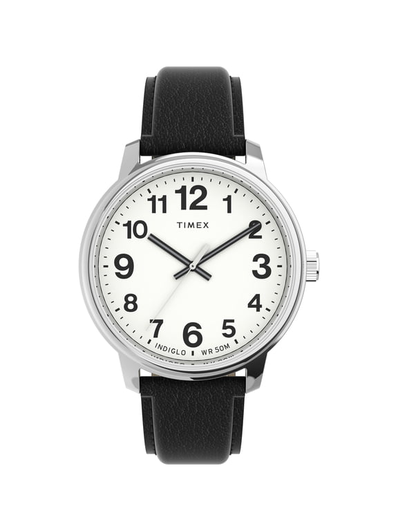Men's Easy Reader Bold 43mm Watch Silver-Tone Case White Dial with Black Leather Strap