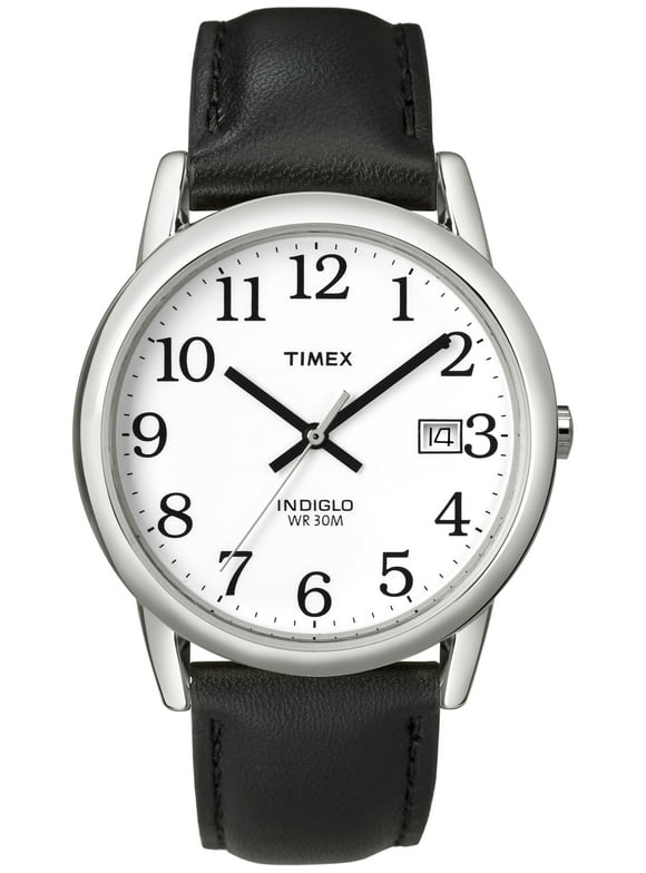 Timex Men's Easy Reader Date Black/Silver/White 35mm Casual Watch, Leather Strap
