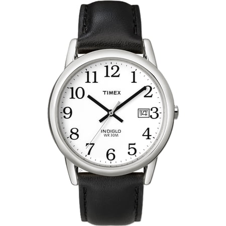 Timex Men's Easy Reader Date Black/Silver/White 35mm Casual Watch, Leather Strap