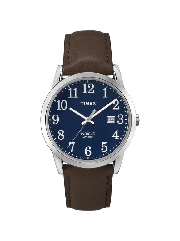 Men's Easy Reader Date Brown/Silver/Blue 38mm Casual Watch, Leather Strap