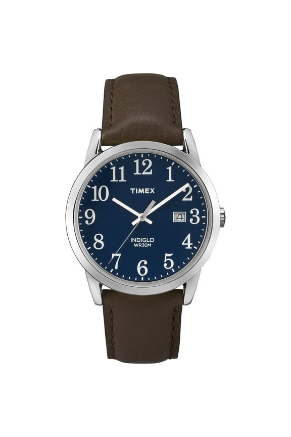 Men's Easy Reader Date Brown/Silver/Blue 38mm Casual Watch, Leather Strap