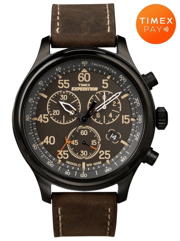 Men’s Expedition Field Chrono 43mm Watch with Timex Pay Contactless Payment – Black Dial & Case Brown Leather Strap