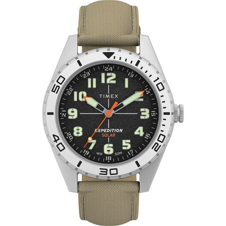 Timex Men's Expedition Field Solar 43mm Watch - Tan Strap Black Dial IP Steel Case - Tan