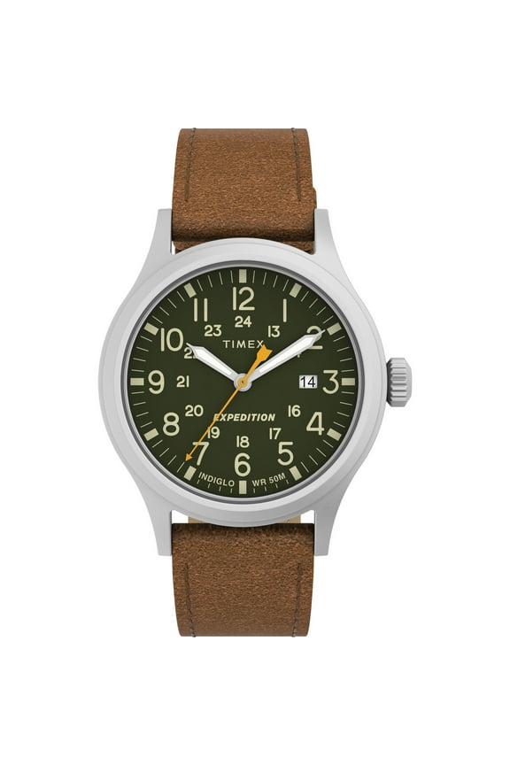 Men's Expedition Scout 40mm Watch Silver-Tone Case Green Dial with Brown Leather Strap