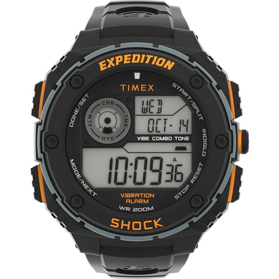 Timex Men's Expedition Vibe Shock 50mm Watch – Black & Orange Case Positive Display with Black Resin Strap