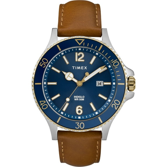 Timex Men's Harborside Tan/Blue 42mm Dress Watch, Leather Strap