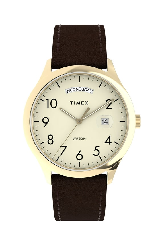 Men's Modern Easy Reader 40mm Watch - Brown Strap Cream Dial Gold-Tone Case