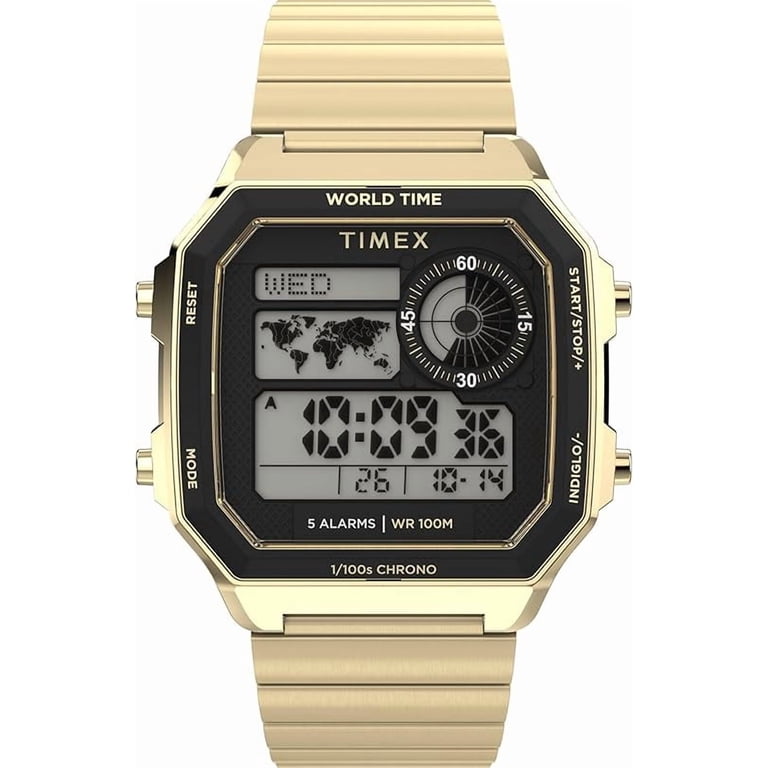 美品 TIMEX デジタル腕時計 ゴールド タイメックス INDIGLO Timex Men's World Time Digital 40mm Watch - Gold-Tone Bracelet