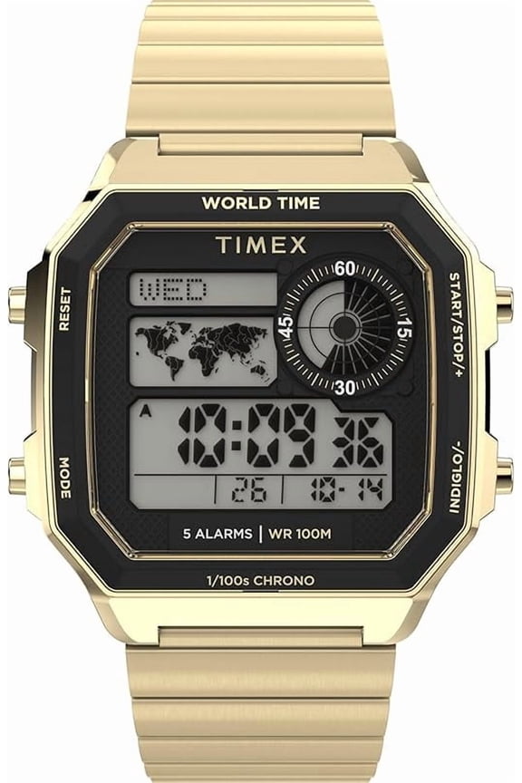 Men's World Time Digital 40mm Watch - Gold-Tone Bracelet Digital Dial Gold-Tone Case