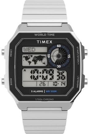 Men's World Time Digital 40mm Watch - Silver-Tone Bracelet Digital Dial Silver-Tone Case