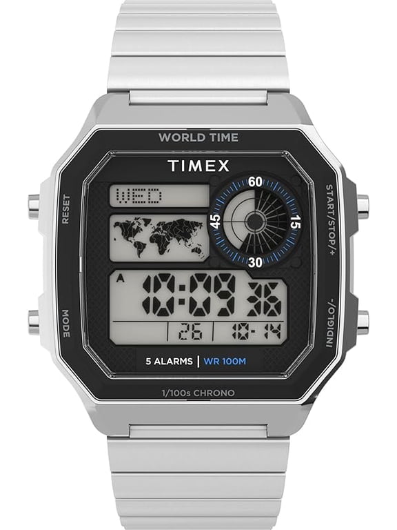 Men's World Time Digital 40mm Watch - Silver-Tone Bracelet Digital Dial Silver-Tone Case