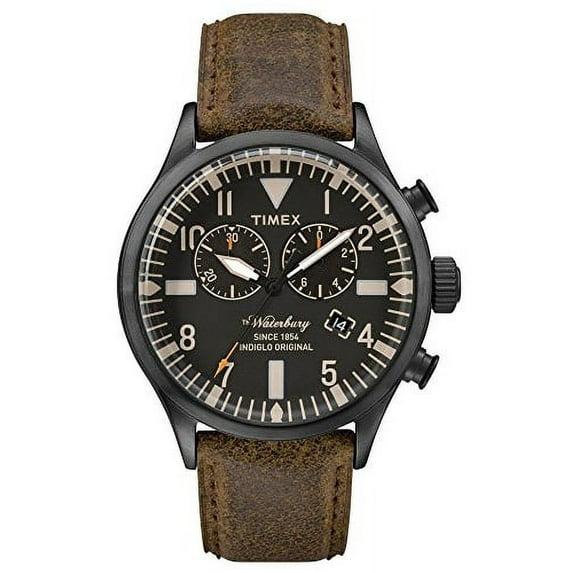Timex Originals Waterbury Chronograph Black Dial Brown Leather Stainless Steel Indiglo Light Mens Watch TW2P64800