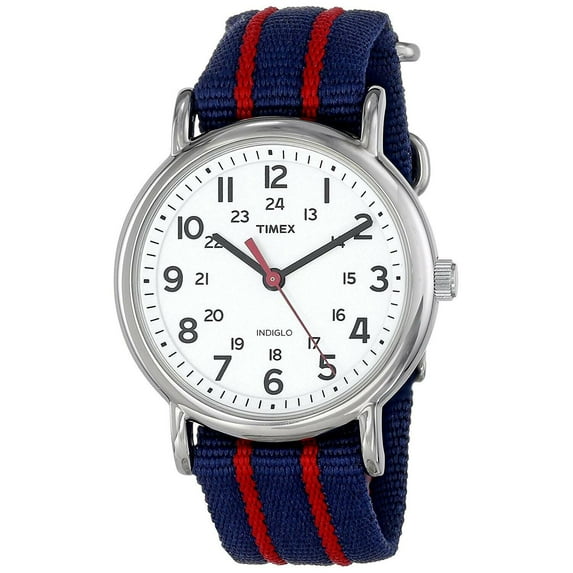 Timex T2N747 Weekender Slip Thru Blue Red Stripe Fabric Strap White Dial Watch