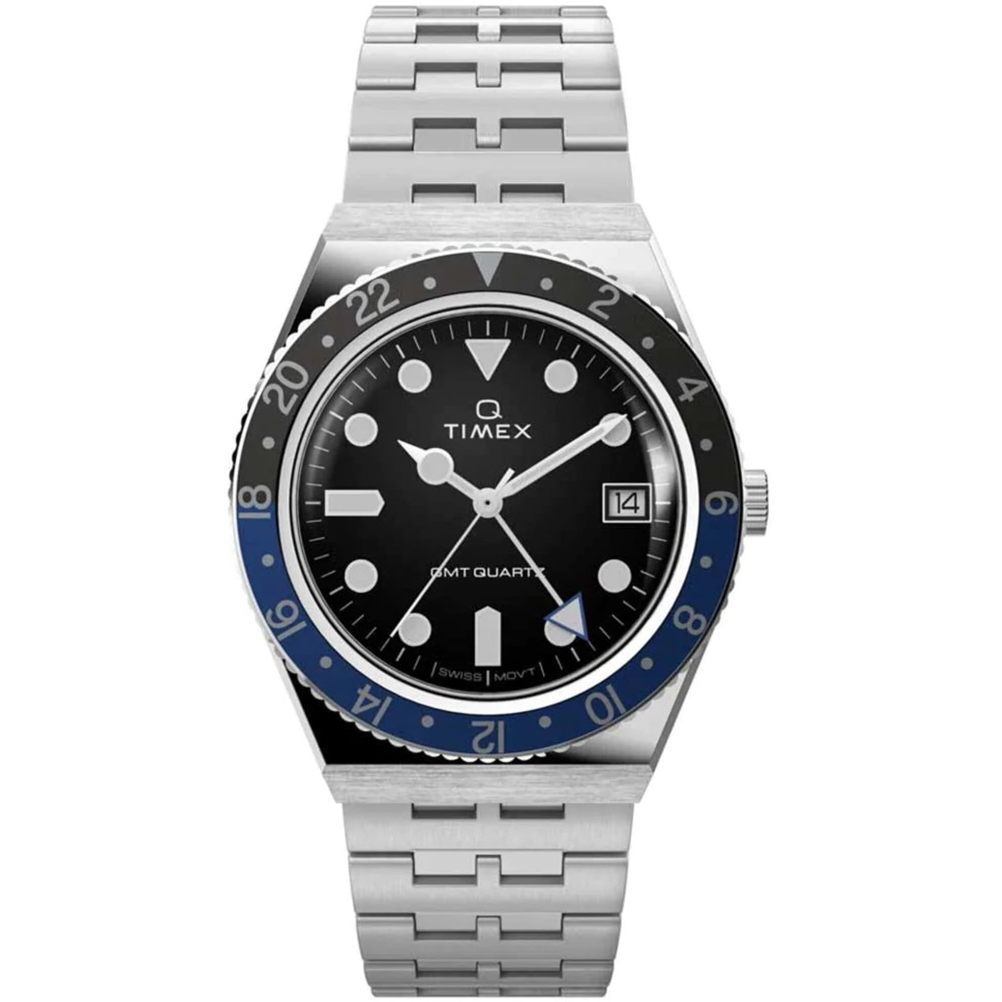 時計 timex Q gmt tw2v38100vk Timex TW2V38100 Men's Q Quartz Black Dial Silver Bracelet