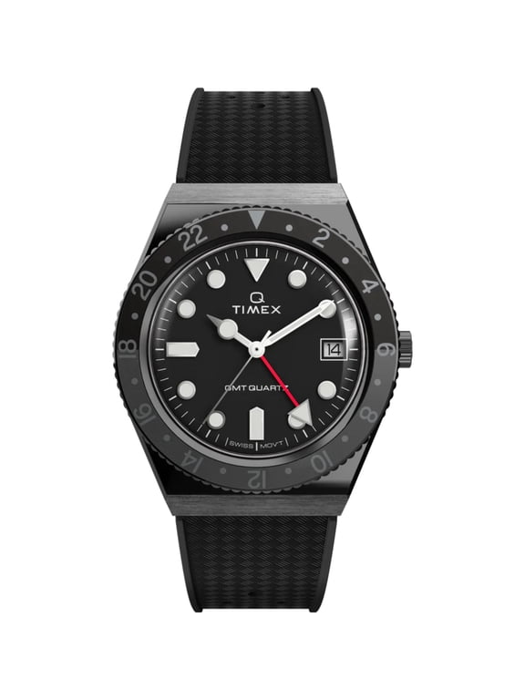 TW2V38200 Men's Q Quartz Black Dial Rubber Strap GMT Watch