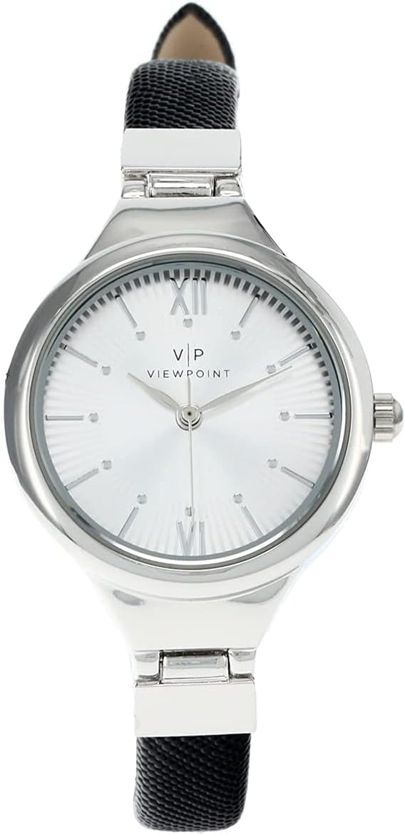 TIMEX Viewpoint Silver-Tone Black Leather Ladies Watch