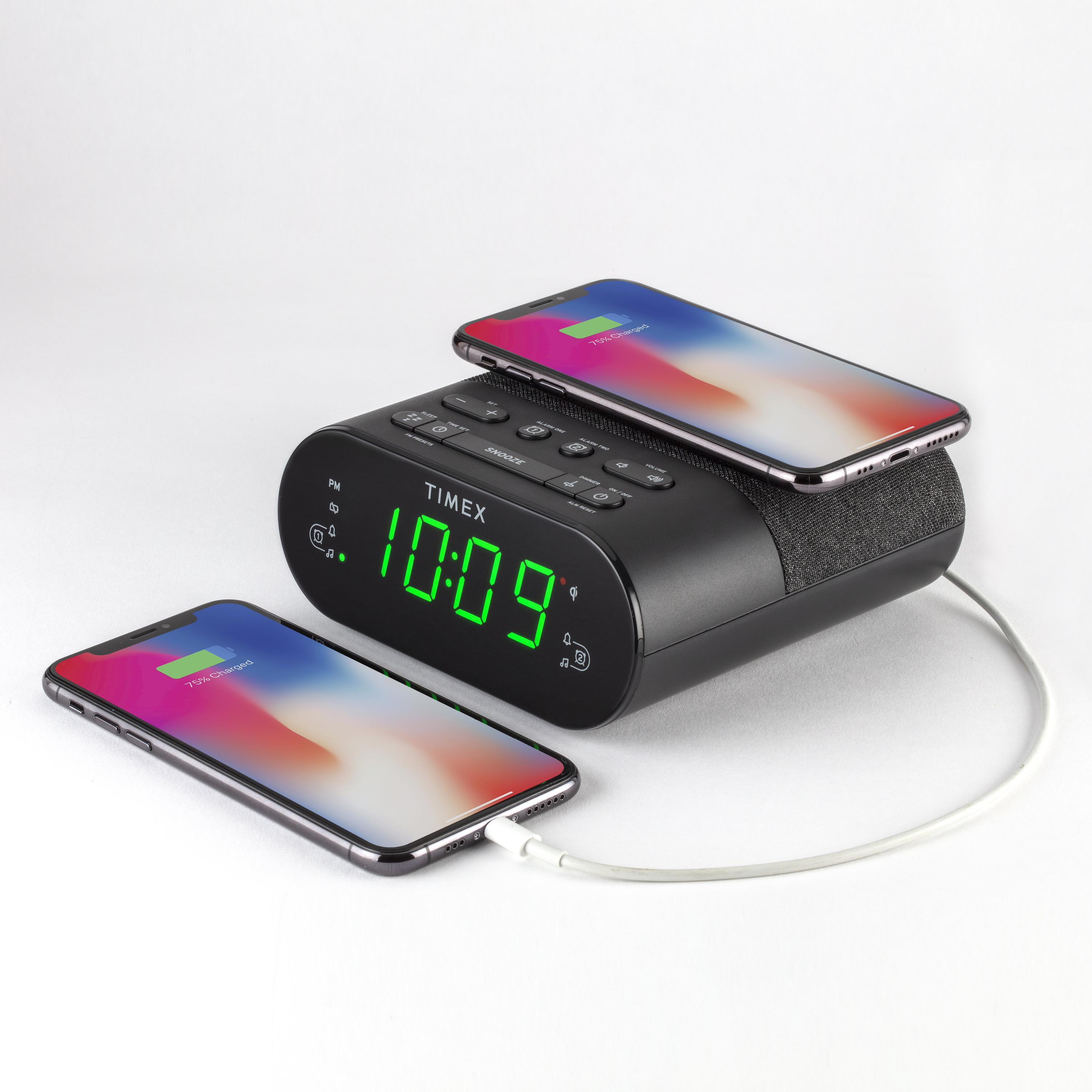 Timex Wireless Charging Alarm Clock Radio with USB Charging Port, Dual