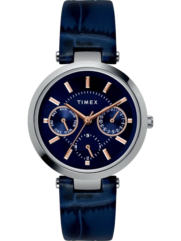 Women's Classic Silver-Tone 34mm Watch, Blue Strap, Blue Dial