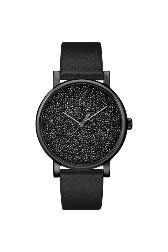 Women's Crystal Opulence Black 38mm Dress Watch, Leather Strap
