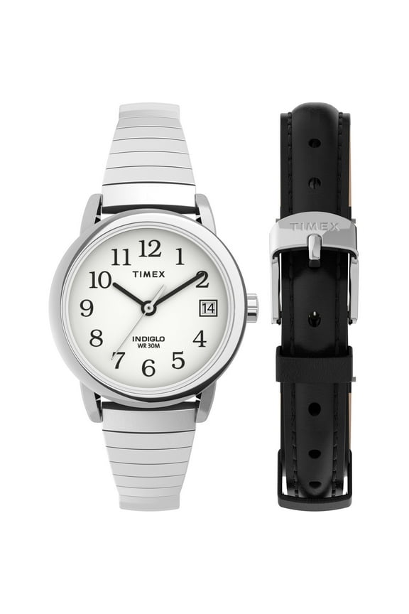 Women's Easy Reader 25mm Watch Box Set Silver-Tone Case White Dial with Tapered Expansion Band + Black Leather Strap