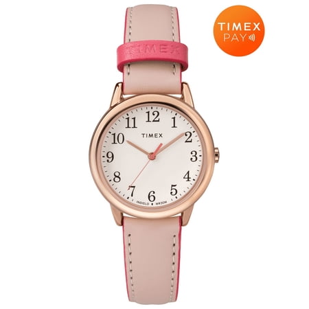 Timex Women's Easy Reader 30mm Color Pop with Timex Pay Contactless Payment – Rose Gold-Tone Case with Pink Leather Strap