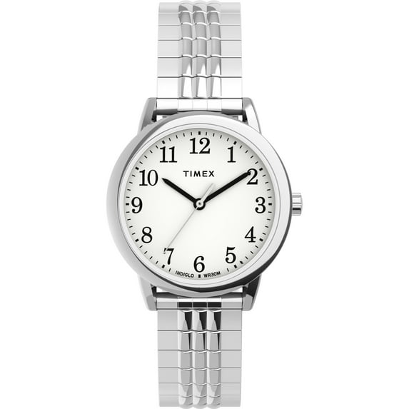 Timex Women's Easy Reader 30mm Perfect Fit Watch – Silver-Tone Case White Dial with Silver-Tone Expansion Band