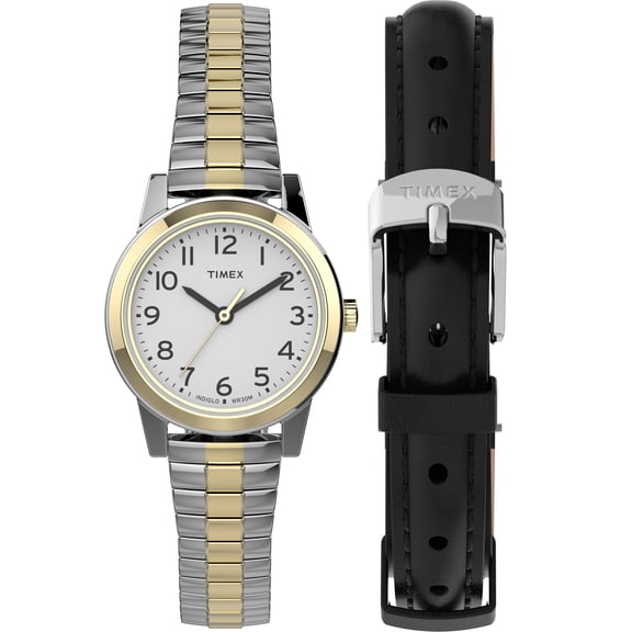 Timex Women's Essex Avenue 25mm Watch Box Set – Two-Tone Case White Dial with Two-Tone Expansion Band + Black Leather Strap