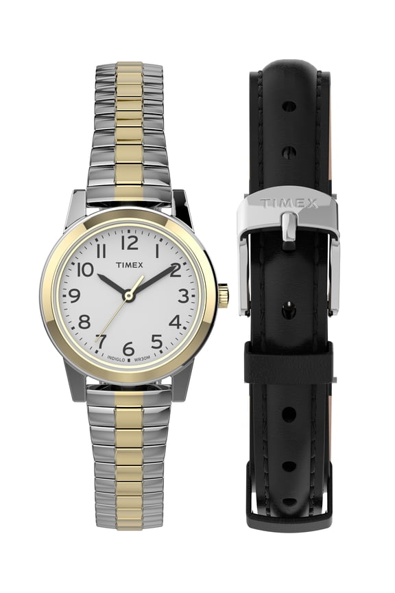 Women's Essex Avenue 25mm Watch Box Set Two-Tone Case White Dial with Two-Tone Expansion Band + Black Leather Strap