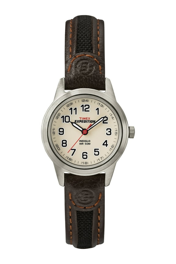 Women's Expedition Metal Field Mini 26mm Watch – Silver-Tone Case Cream Dial with Black & Brown Fabric & Leather Strap