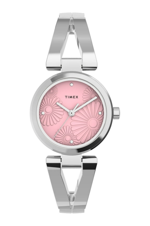 Women's Fashion Stretch Bangle Floral 25mm Watch Silver-Tone Case Pink Dial with Stainless Steel Expansion Band