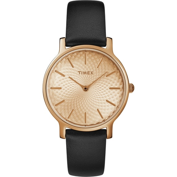 Timex Women's Metropolitan 34mm Black/Rose Gold-Tone Watch, Leather Strap