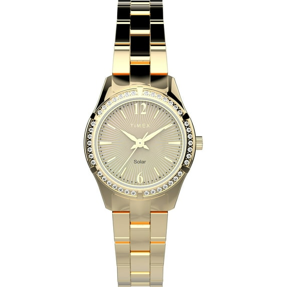 Timex Women's Solar Premium Dress 28mm Watch – Gold-Tone Case Champagne Dial with Gold-Tone Stainless Steel Bracelet