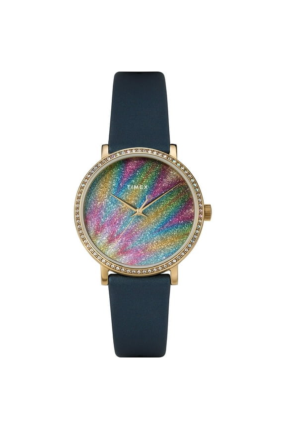 Womens Celestial Opulence 38mm Gold-tone Case with Crystals / Glitter Dial / Blue Leather Strap