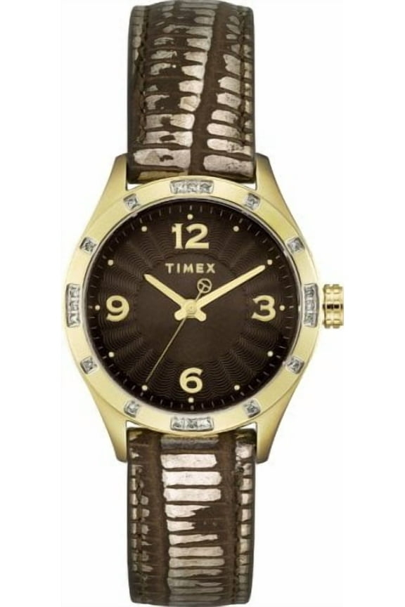 Timex Womens T Series Brown Dial Diamond Encrusted Bezel Distressed Leather Watch T2M599