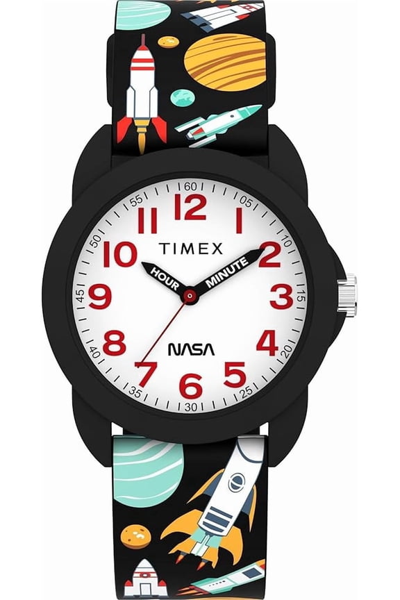 Youth Kids Time Teacher 30mm Watch - Black Strap White Dial Black Case