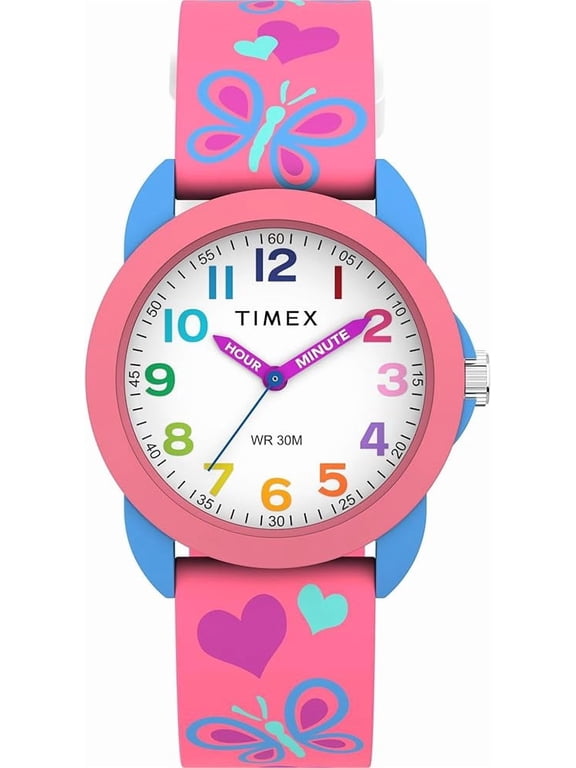 Youth Kids Time Teacher 30mm Watch - Pink Strap White Dial Blue Case